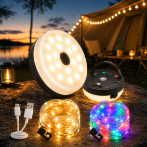 NordLumo™ – 4-i-1 Uppladdningsbar Campinglampa med Ljusslinga & Powerbank