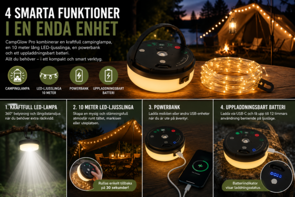 NordLumo™ – 4-i-1 Uppladdningsbar Campinglampa med Ljusslinga & Powerbank