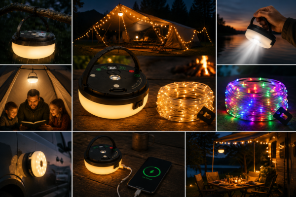 NordLumo™ – 4-i-1 Uppladdningsbar Campinglampa med Ljusslinga & Powerbank