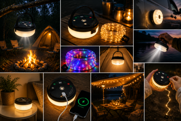 NordLumo™ – 4-i-1 Uppladdningsbar Campinglampa med Ljusslinga & Powerbank
