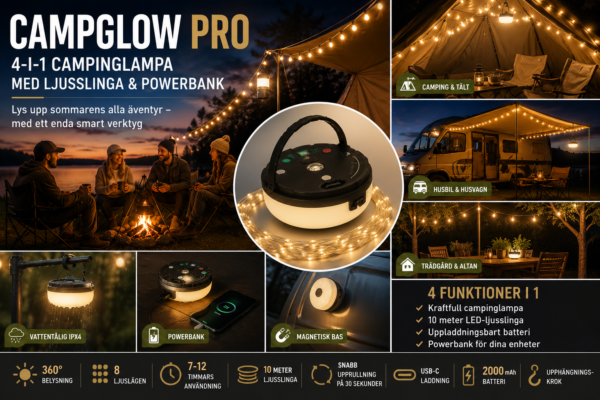 NordLumo™ – 4-i-1 Uppladdningsbar Campinglampa med Ljusslinga & Powerbank